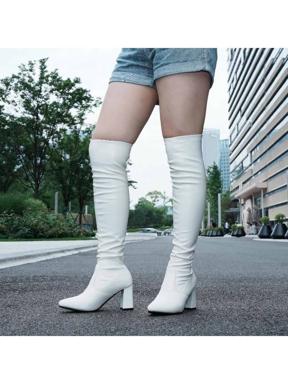 Women's White Comfort Thigh High Pointy-toe and High-Heel Over The Knee Boots - Picture 2 of 5
